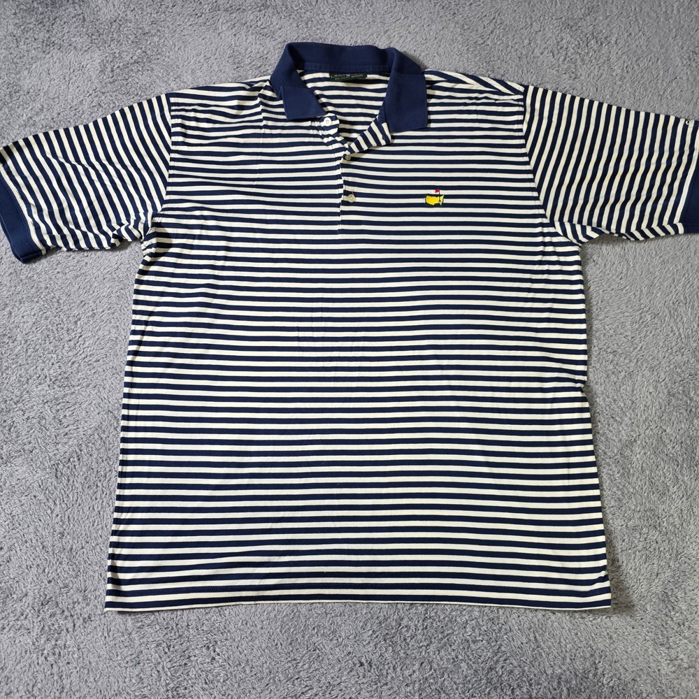 Masters Collection Mens XL Polo Shirt Navy Blue Striped Mercerized Cotton Logo